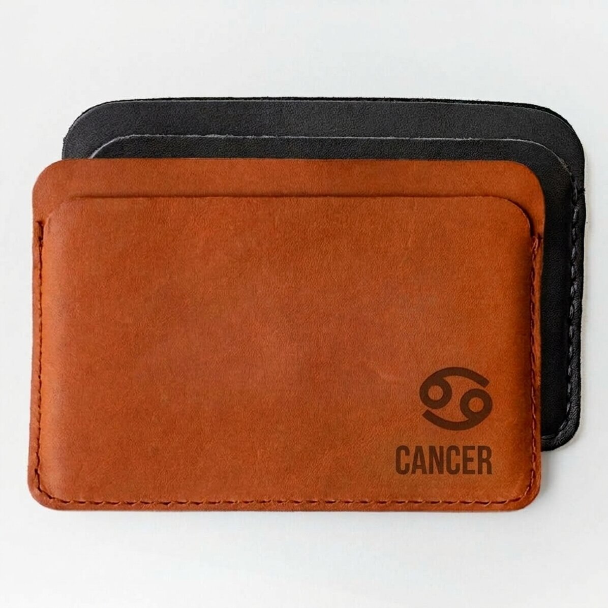 Personalised leather wallet with name and Cancer zodiac sign