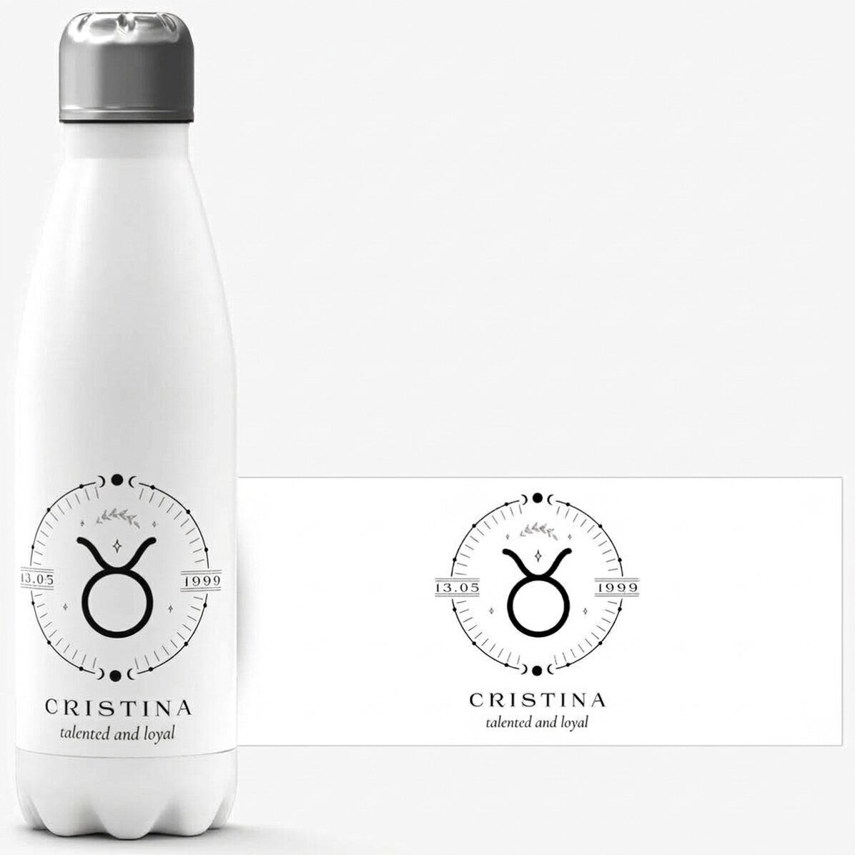 Thermos with white base personalised with text and Taurus zodiac sign
