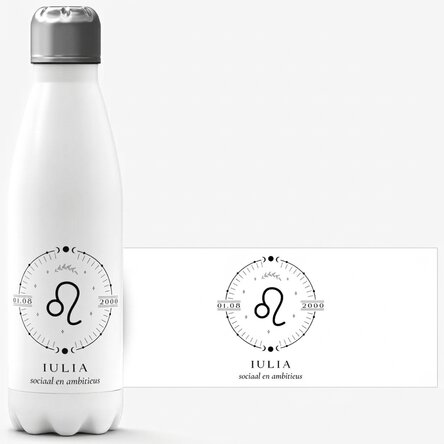 Gepersonaliseerde thermosfles met witte bodem, voorzien van tekst en het sterrenbeeld Leeuw