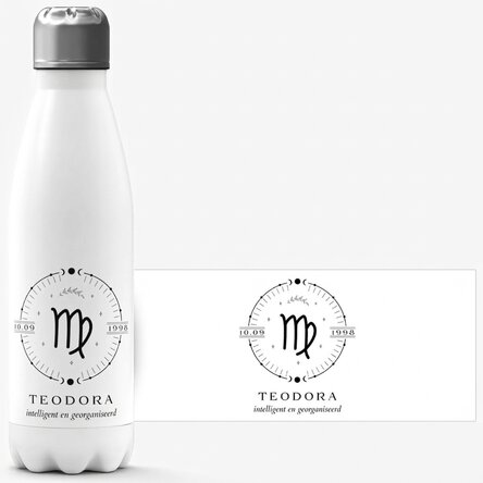 Gepersonaliseerde thermosfles met witte onderkant, voorzien van tekst en het sterrenbeeld Maagd