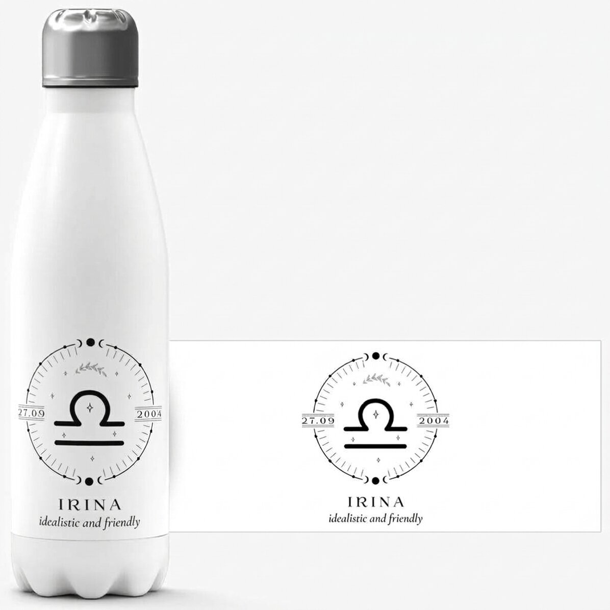 Thermos with white base personalised with text and Libra zodiac sign