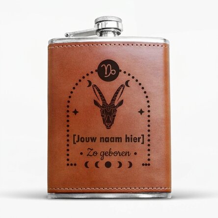 Zakflesje met leren hoesje, gepersonaliseerd met tekst en sterrenbeeld - Steenbok