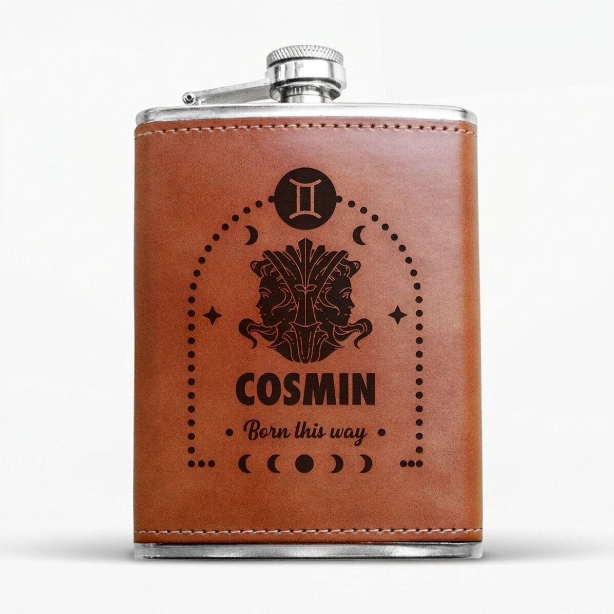 Zakflesje met leren hoesje, gepersonaliseerd met tekst en sterrenbeeld - Tweelingen