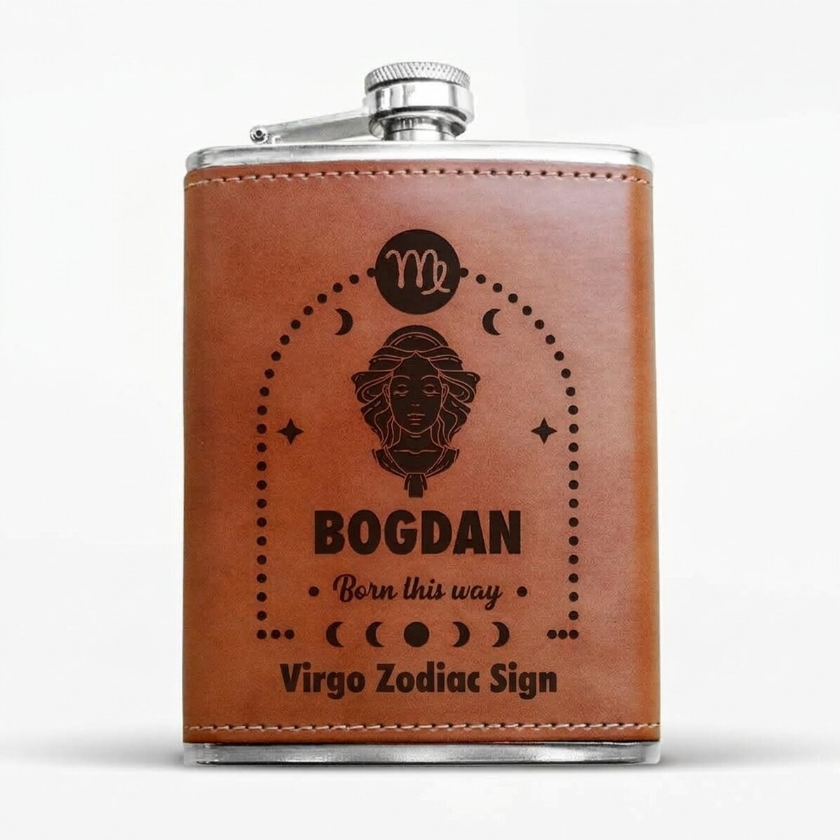 Zakflesje met leren hoesje, gepersonaliseerd met tekst en sterrenbeeld - Maagd