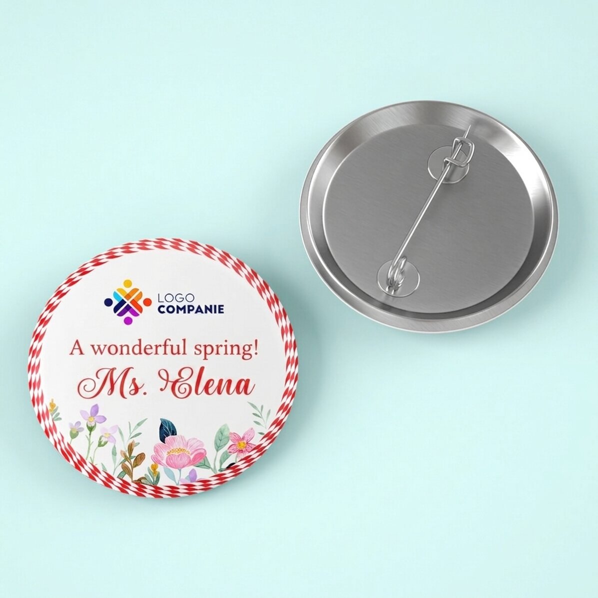 Gepersonaliseerde button met logo, naam en boodschap