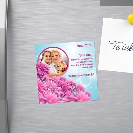 Gepersonaliseerde magneet van 10x10 met foto en tekst - Roze lente