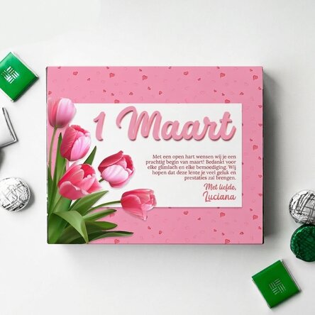 Gepersonaliseerde bonbondoos met tekst - Roze tulpen