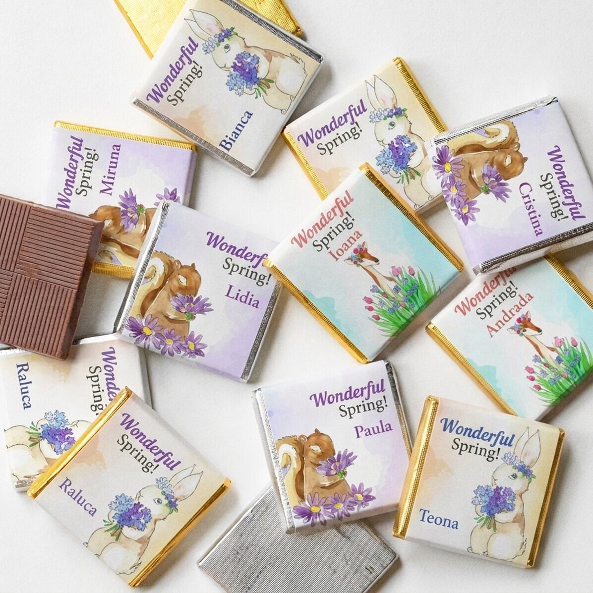 Set van 10 gepersonaliseerde mini-lenteschokolades met tekst - Watercolor spring
