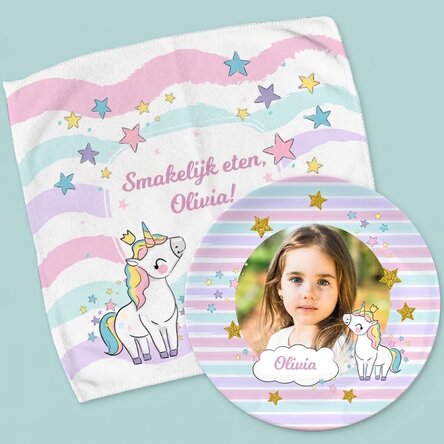 Gepersonaliseerde set – bord en servetje – Eenhoorn