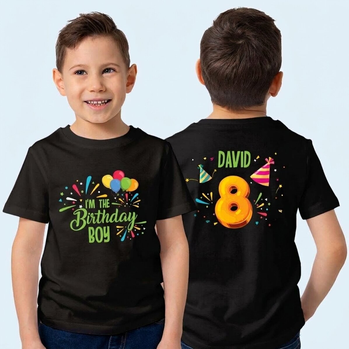 Katoenen T-shirt voor kinderen, gepersonaliseerd aan de voor- en achterkant, voor een verjaardag