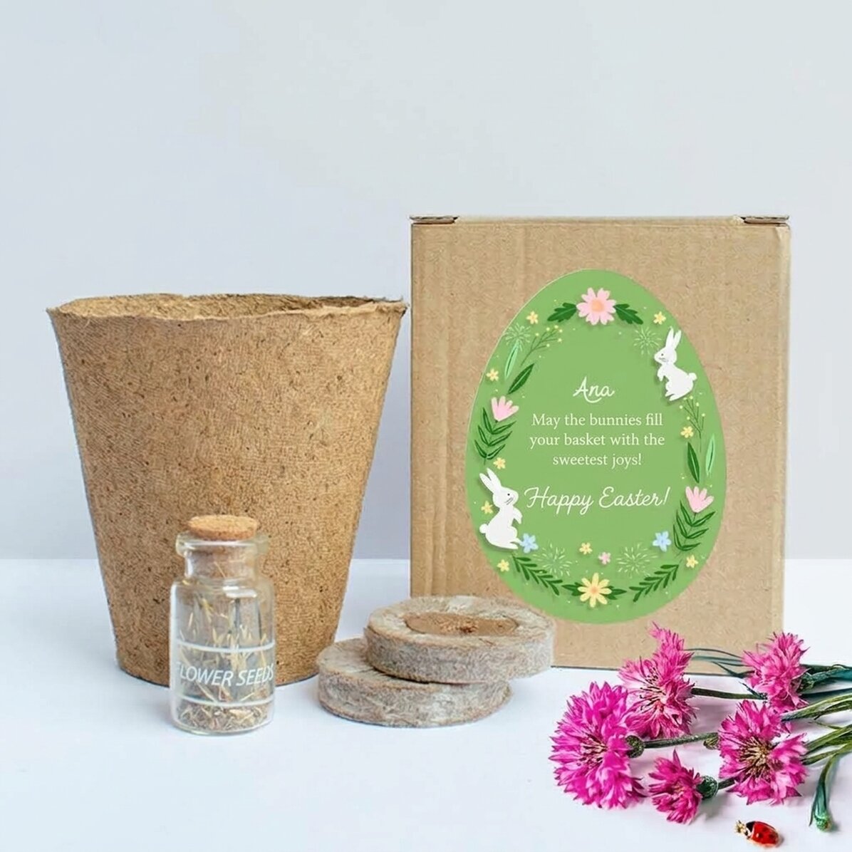Bloemenplantset in een gepersonaliseerd doosje met paastekst - Floral