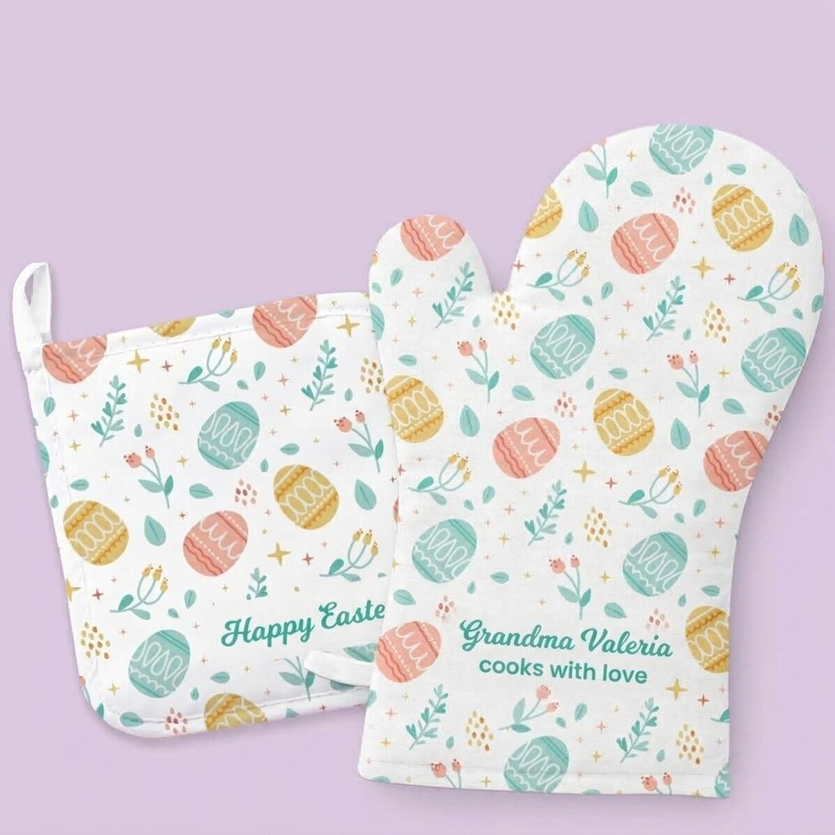 Personalised set - oven glove and pot holder - Happy Pasta