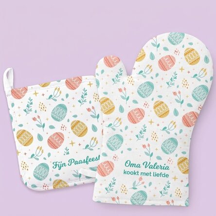 Gepersonaliseerde set – ovenwant en pannenlap – Vrolijk Pasen