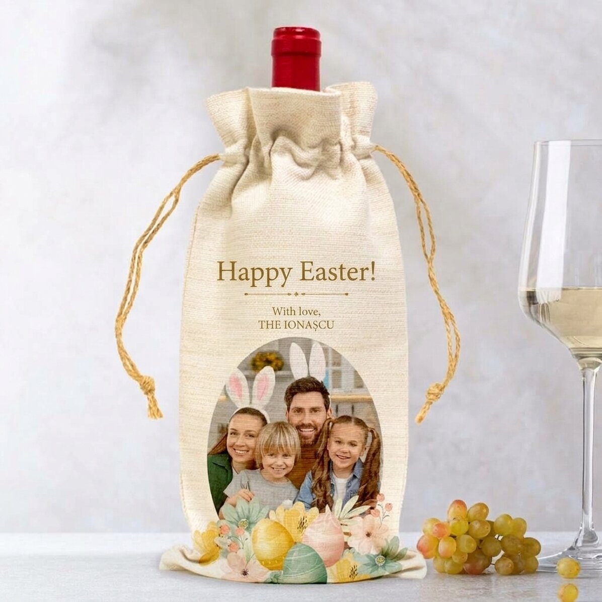 Gepersonaliseerd zakje met een foto en een boodschap voor een fles wijn - Paashaas