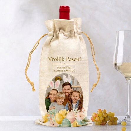 Gepersonaliseerd zakje met een foto en een boodschap voor een fles wijn - Paashaas
