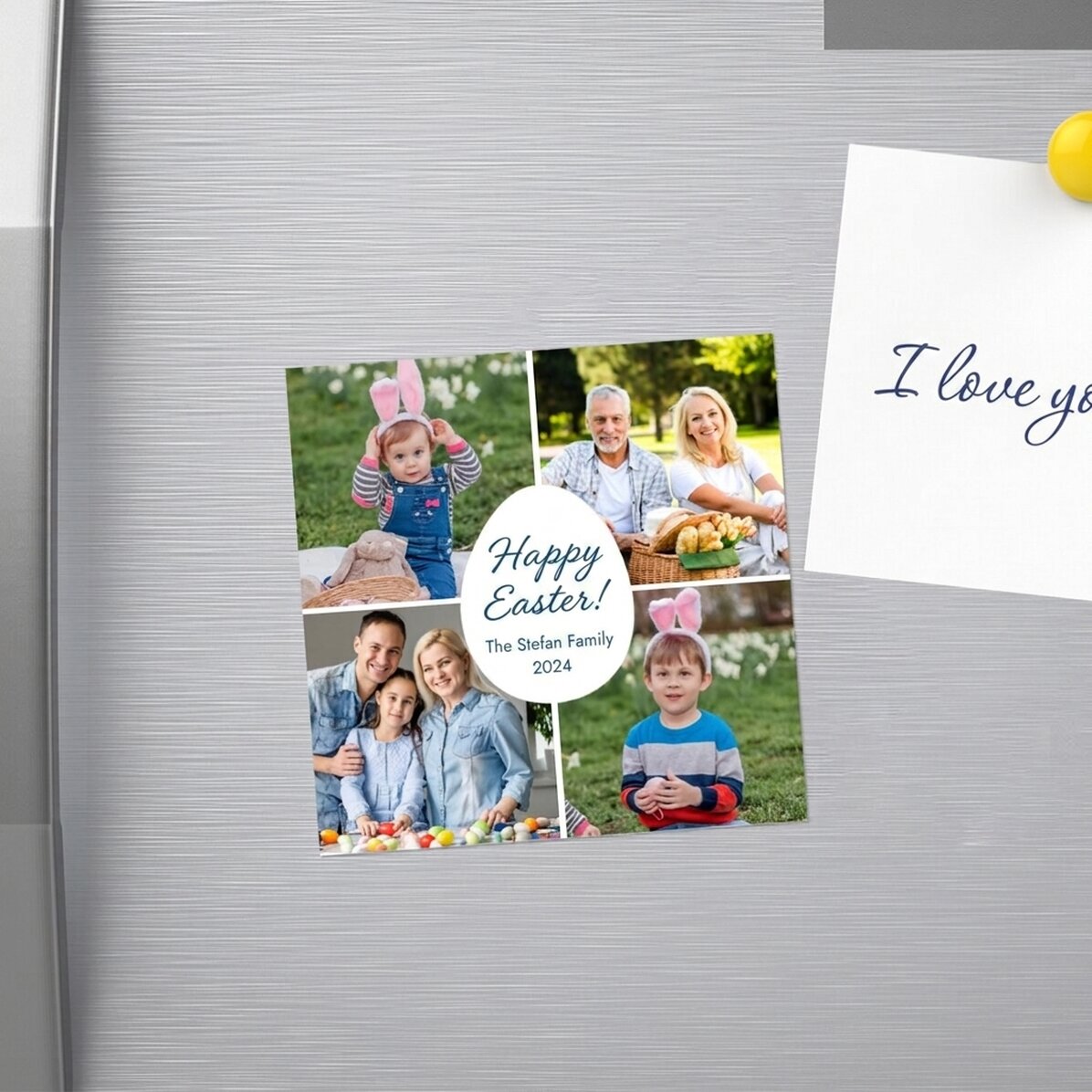 Gepersonaliseerde magneet van 10x10 met 4 foto’s en een boodschap – Vrolijk Pasen