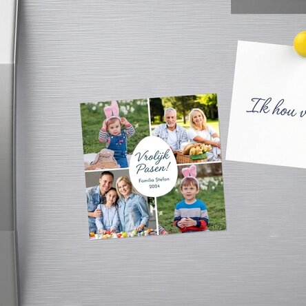 Gepersonaliseerde magneet van 10x10 met 4 foto’s en een boodschap – Vrolijk Pasen