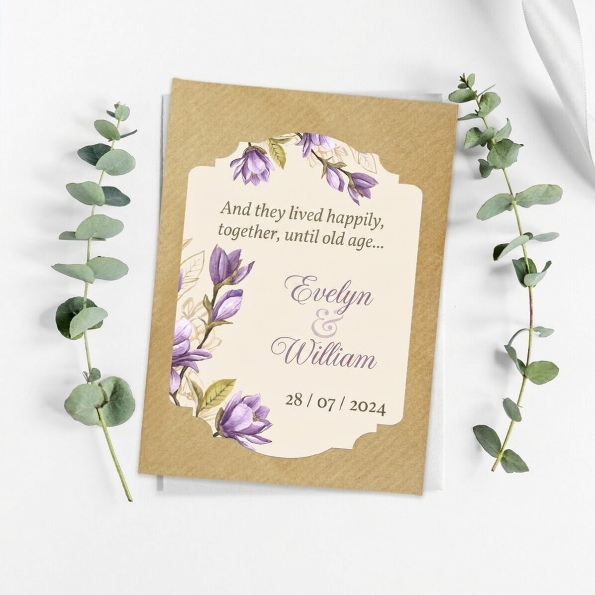 Gepersonaliseerd plantbaar aandenken met boodschap voor de bruiloft - Paarse bloemen