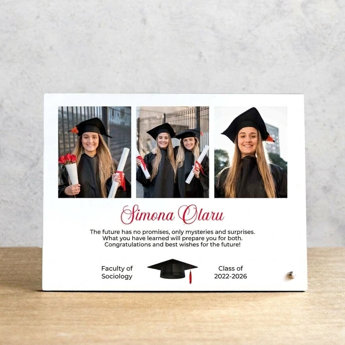 Gepersonaliseerde fotolijst voor op het bureau met 3 foto’s en tekst - Afstuderen