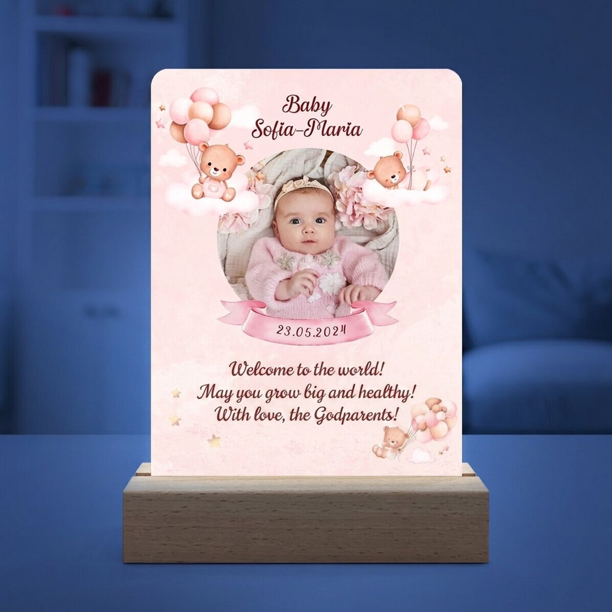 Gepersonaliseerde LED-nachtlampje met foto en tekst - Baby Girl