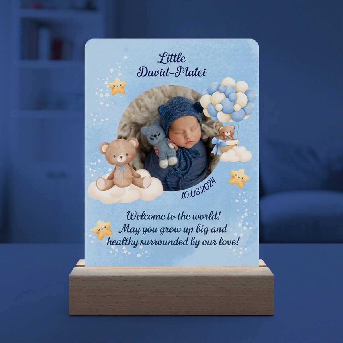 Gepersonaliseerde LED-nachtlampje met foto en tekst - Baby Boy