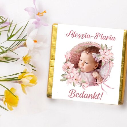 Gepersonaliseerde mini-chocolade als doopgeschenk met foto en tekst - Roze