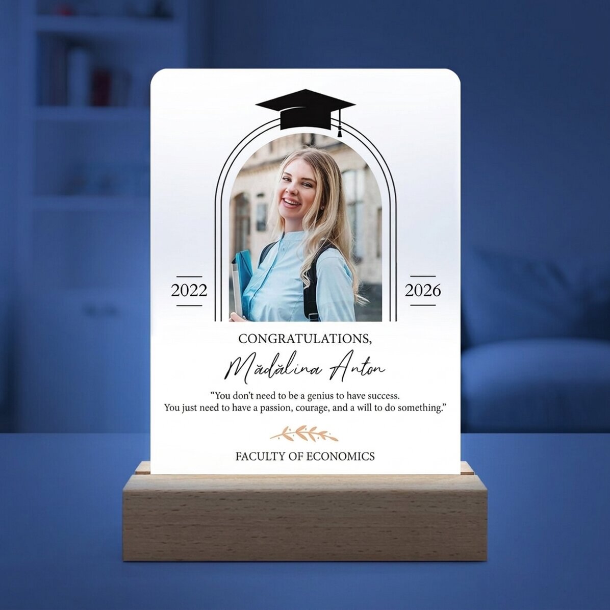 Gepersonaliseerde LED-nachtlamp met een foto en een boodschap - Afstuderen