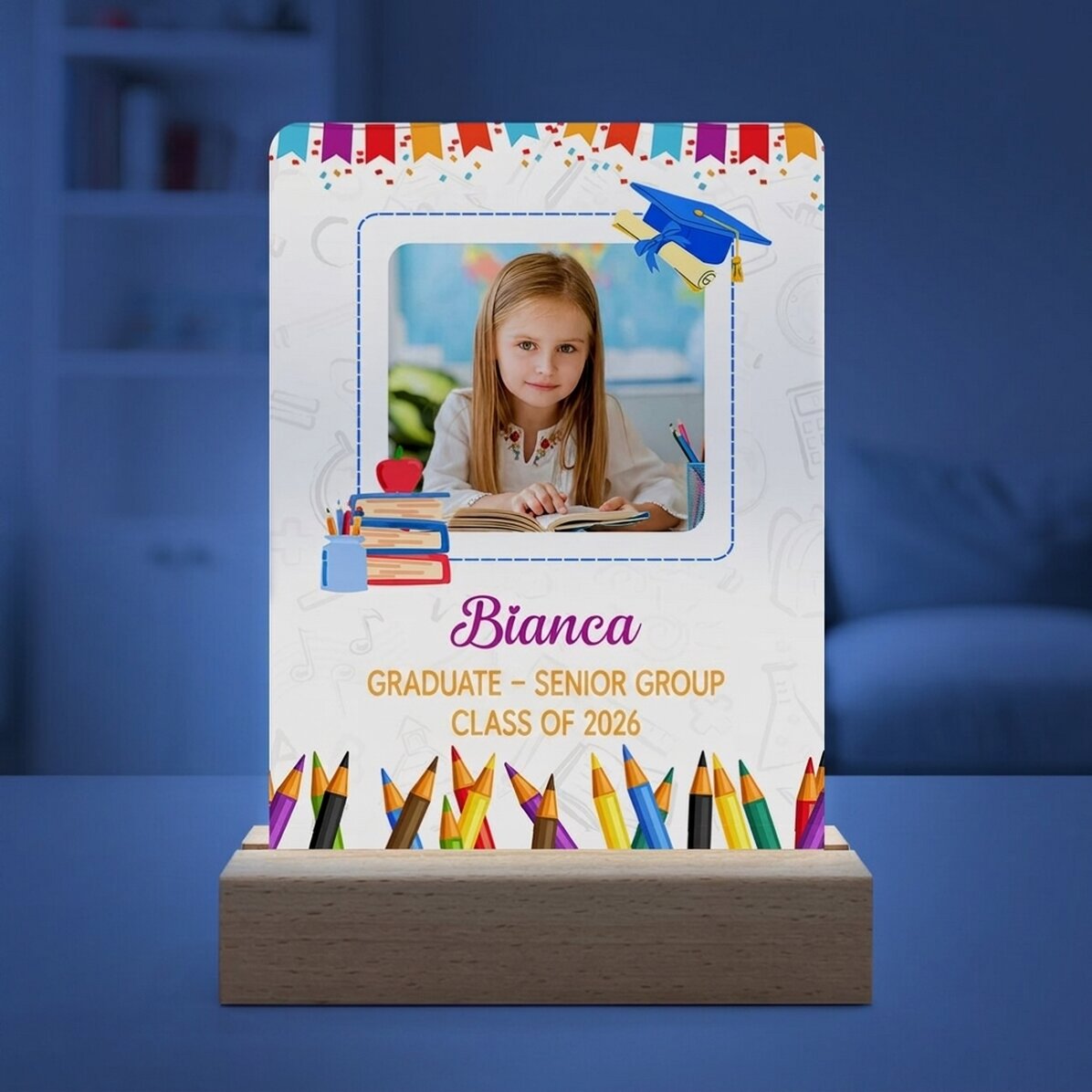Gepersonaliseerde LED-nachtlamp met een foto en een boodschap voor kinderen - Afstuderen