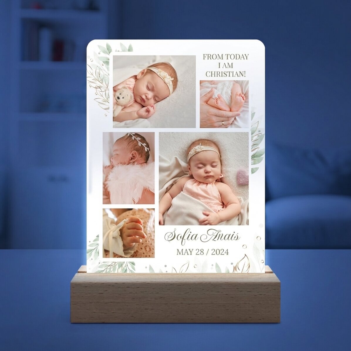 Gepersonaliseerde LED-nachtlampje met 5 foto’s en tekst - baby