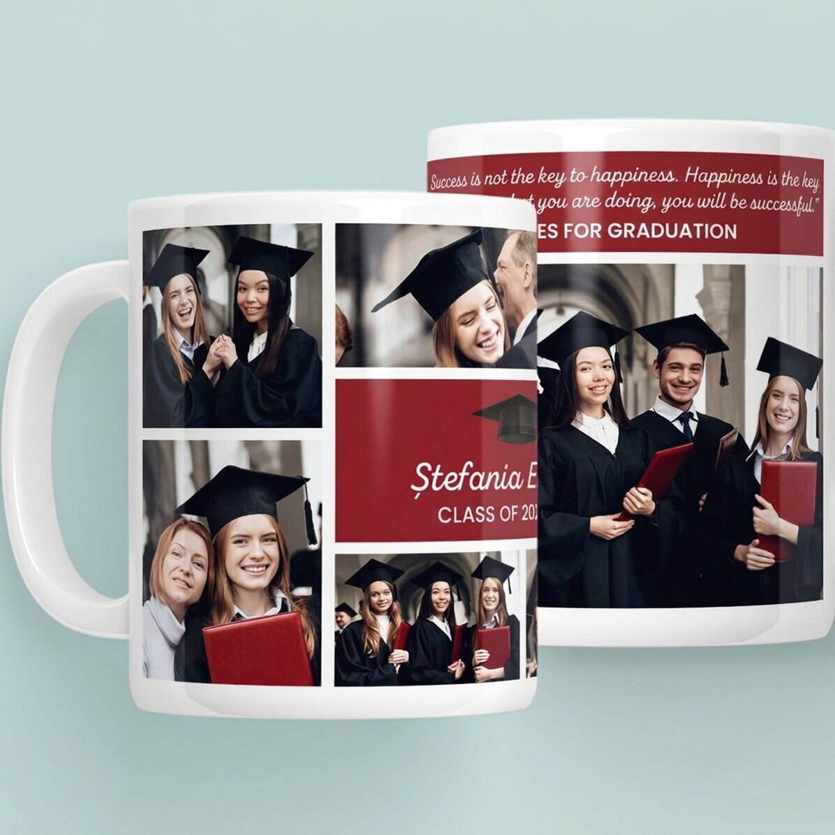 Gepersonaliseerde mok met 6 foto’s en een boodschap – Afstuderen