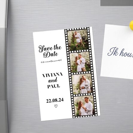 Gepersonaliseerde magneet van 10 x 15 cm met 4 foto’s en tekst – Save the date