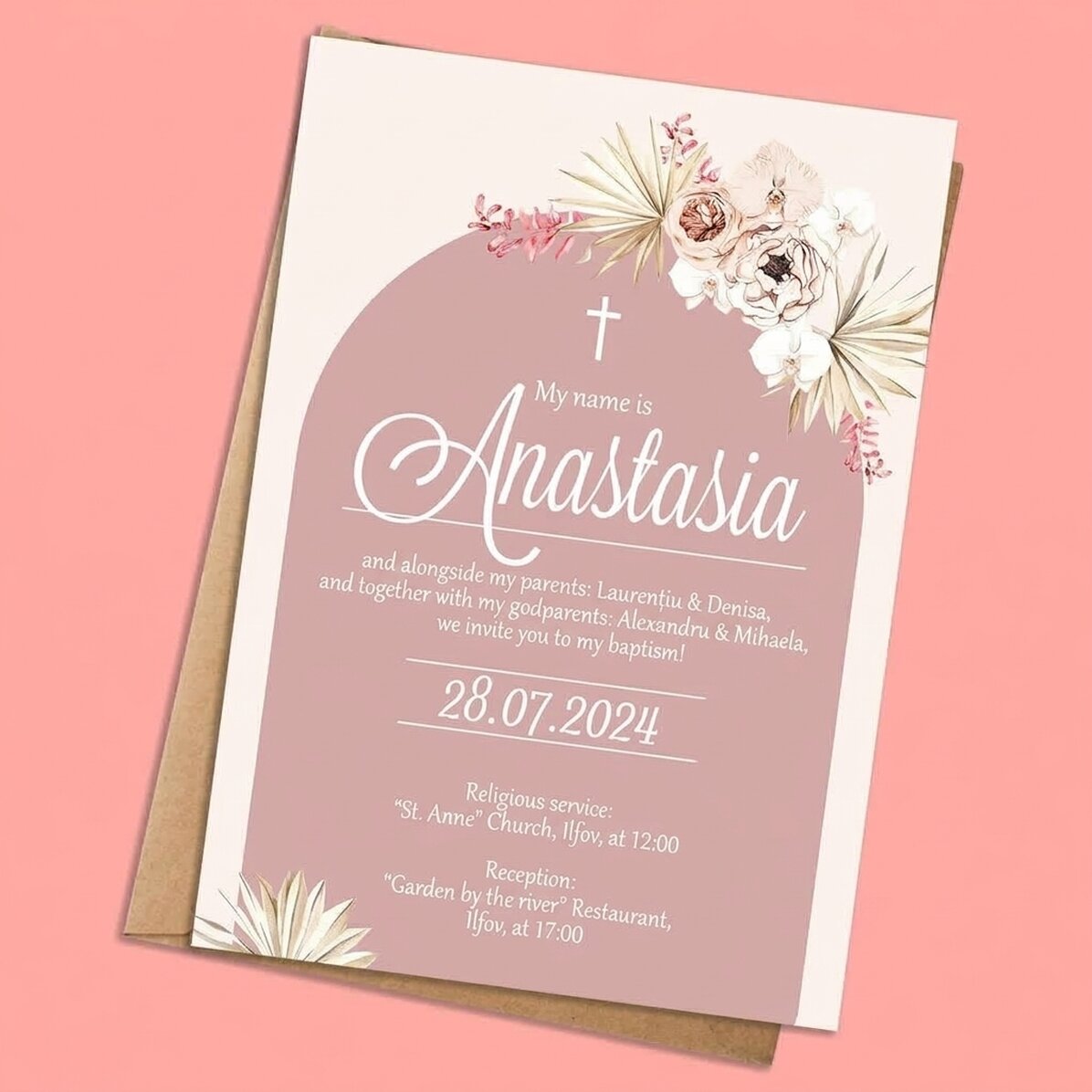 Gepersonaliseerde kaart met tekst - Uitnodiging voor een doop - Pink Elegance
