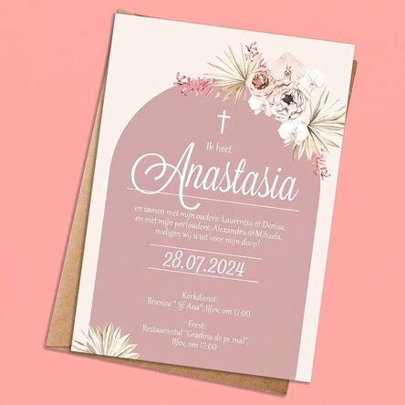 Gepersonaliseerde kaart met tekst - Uitnodiging voor een doop - Pink Elegance