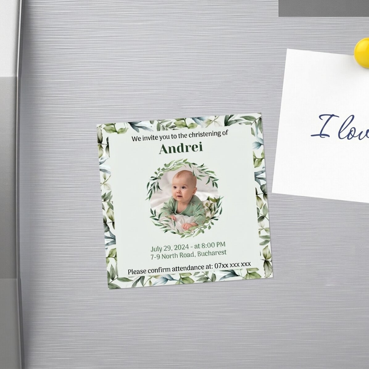 Gepersonaliseerde magneet van 10x10 met een foto en tekst - Uitnodiging voor een doop