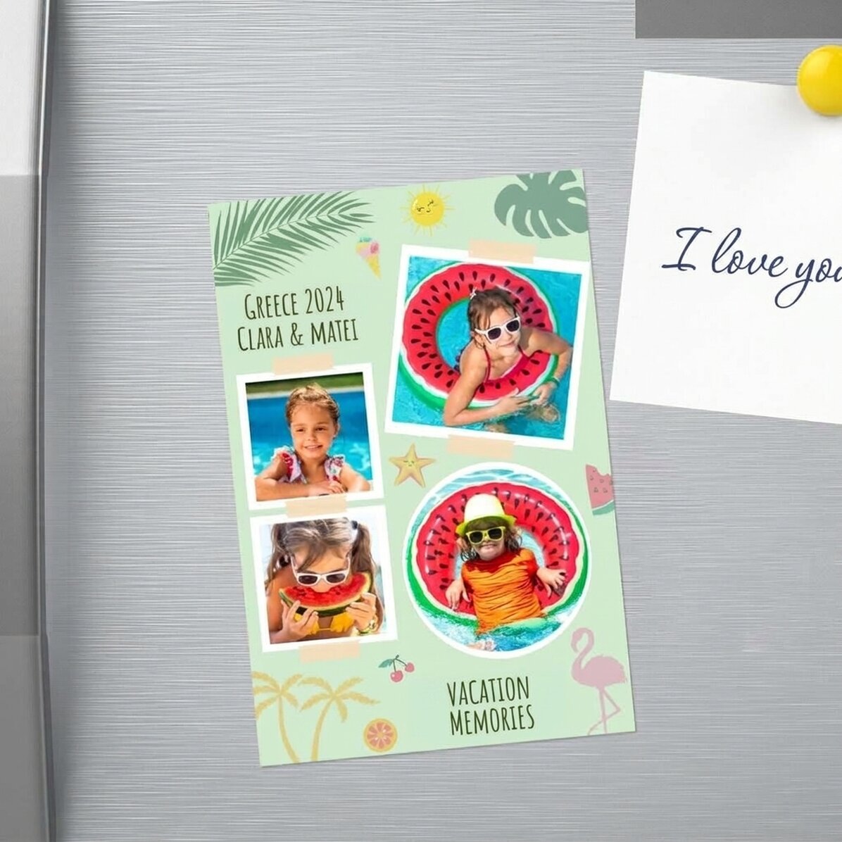 Gepersonaliseerde magneet van 10 x 15 cm met 4 foto’s en tekst - Vakantie