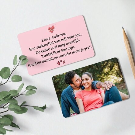 Gepersonaliseerde aluminiumkaart, voor- en achterzijde, met een foto en tekst