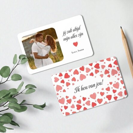 Gepersonaliseerde aluminiumkaart, voor- en achterkant, met een foto en tekst - Hearts