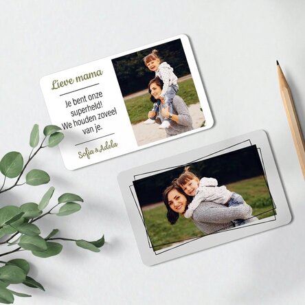 Gepersonaliseerd aluminium kaartje, voor- en achterkant, met 2 foto's en een boodschap