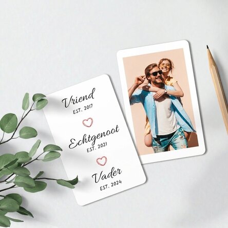 Gepersonaliseerde aluminiumkaart, voor- en achterzijde, met een boodschap en een portretfoto