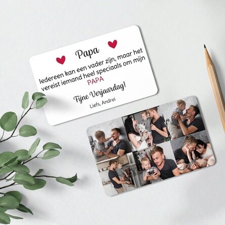 Gepersonaliseerd aluminium kaartje, voor- en achterzijde, met 6 foto’s en tekst