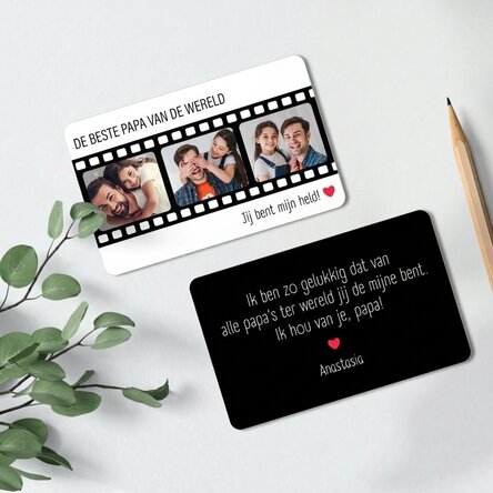 Gepersonaliseerd aluminium kaartje, voor- en achterkant, met 3 foto’s en een boodschap