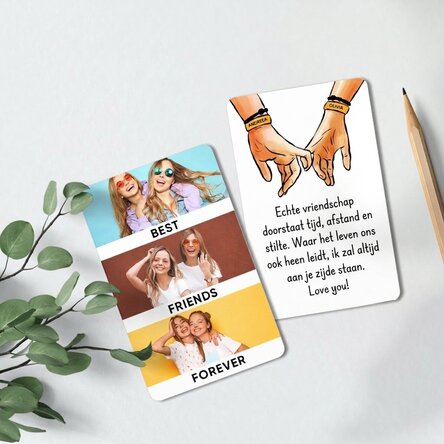 Gepersonaliseerd aluminium kaartje, voor- en achterkant, met een boodschap en 3 foto's - Friends