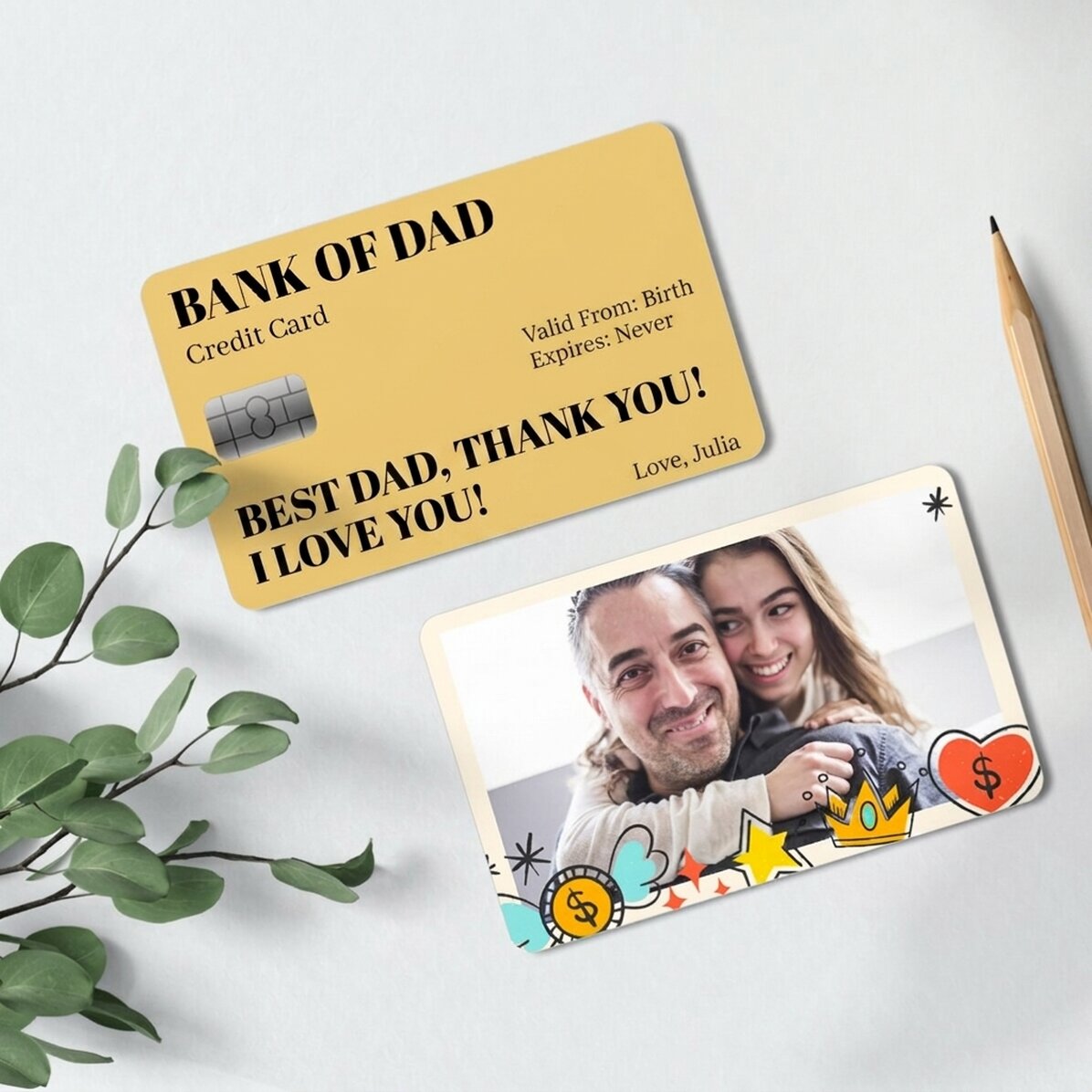 Gepersonaliseerde aluminiumkaart, voor- en achterzijde, met een boodschap en een foto - Bank