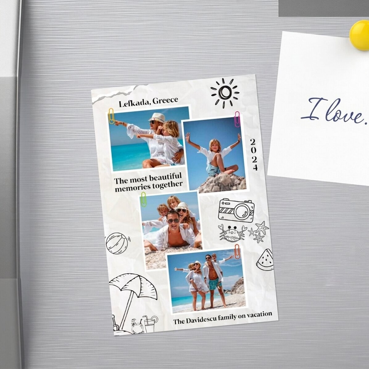 Gepersonaliseerde magneet van 10 x 15 cm met 4 foto’s en tekst - Holiday