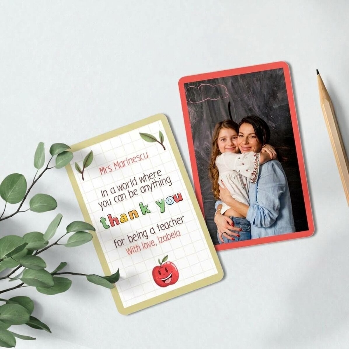 Gepersonaliseerde aluminiumkaart, voor- en achterkant, met een boodschap en een foto - bedankt