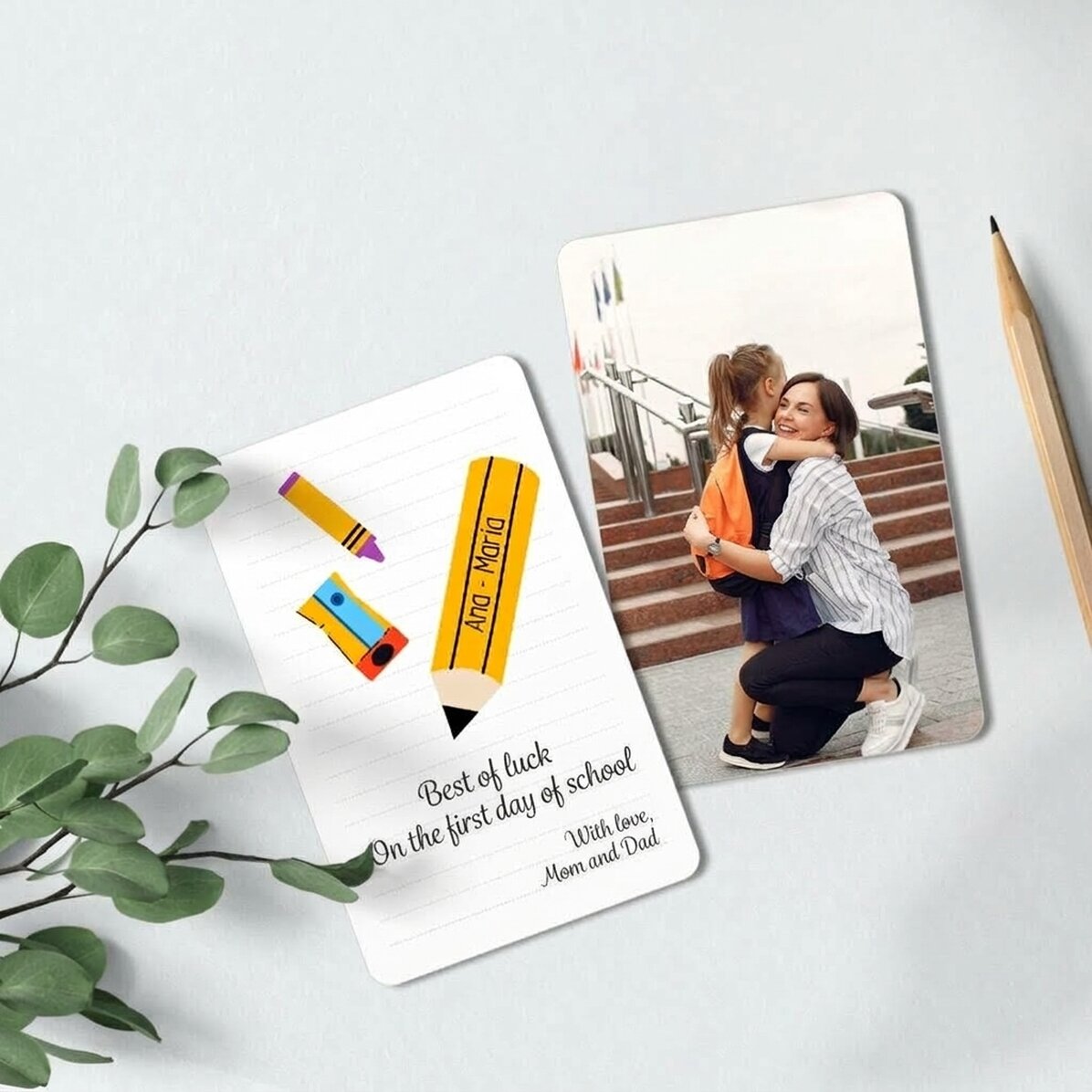 Gepersonaliseerde aluminiumkaart, voor- en achterkant, met een boodschap en een foto - Good Luck