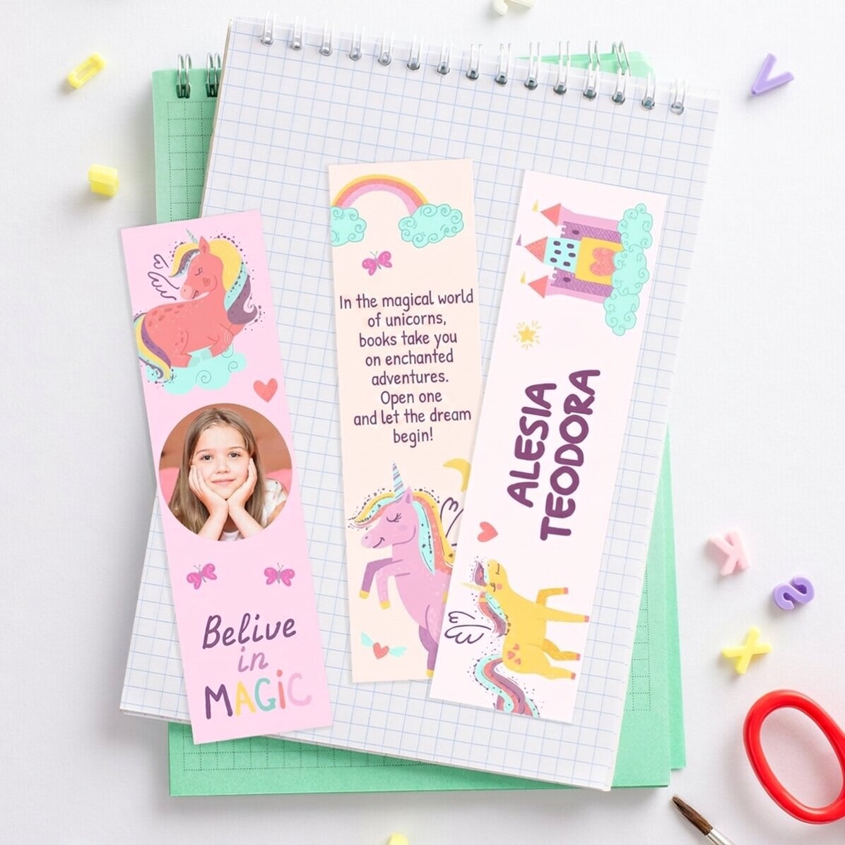 Set van 3 gepersonaliseerde boekenleggers met foto, naam en tekst - Eenhoorns