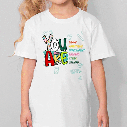 Katoenen T-shirt voor kinderen, gepersonaliseerd voor school, met een bemoedigende tekst - Jij bent 