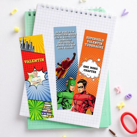 Set van 3 gepersonaliseerde boekenleggers met foto en tekst - Superhelden