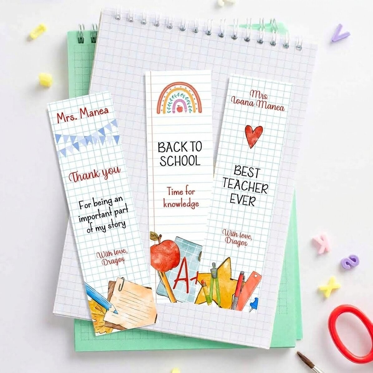 Set van 3 gepersonaliseerde boekenleggers met boodschap - Teacher